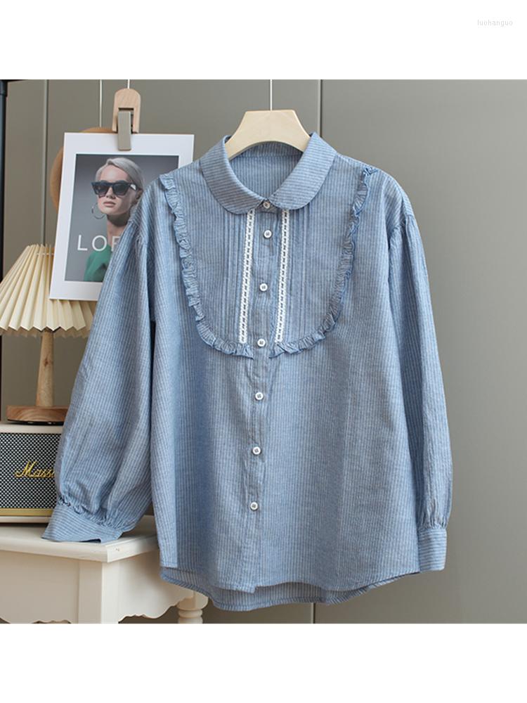 

Women's Blouses Lamtrip Unique Retro Lolita Sweet Ruffles Lacing Stitch Pleated Striped Cotton Long Sleeve Shirt Blouse Mori Girl Top 2023, Blue