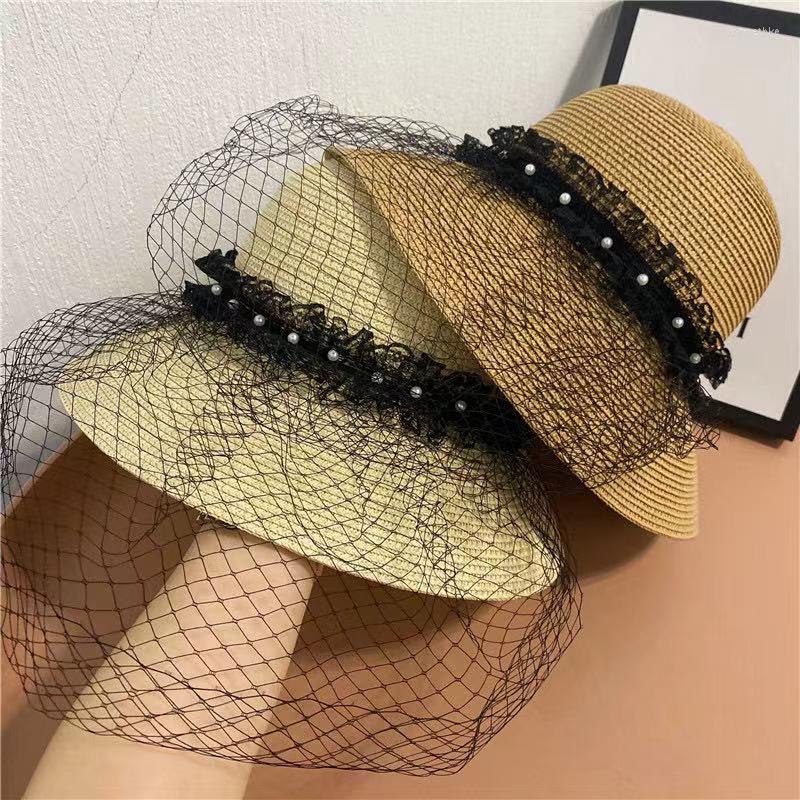 

Wide Brim Hats French Elegant Hepburn Lace Fisherman For Women Female Summer Beach Paper Straw Hat Japanese Pearl Basin, White