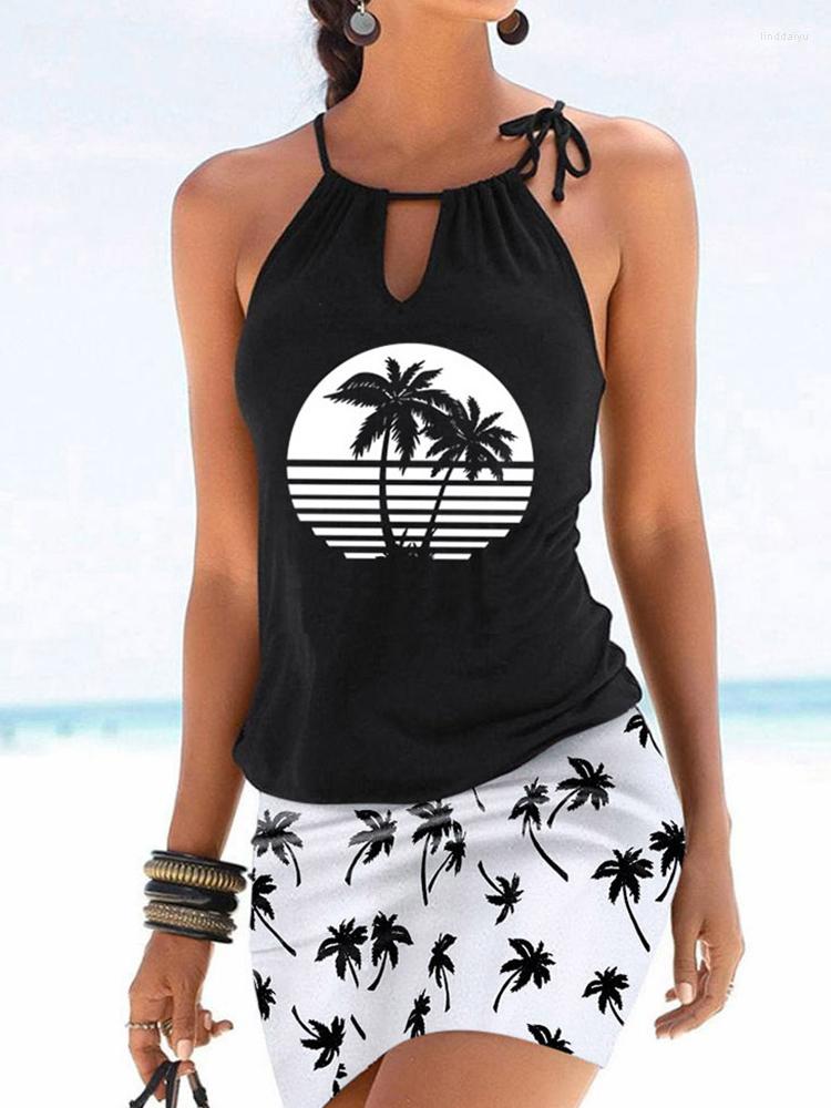 

Casual Dresses Coconut Tree Tie Keyhole Neck Sleeveless Mini Dress Women Sexy Tank Slim Fit Beach Short Sundress Summer Black