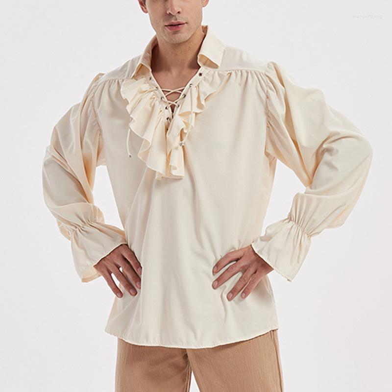 

Men's Casual Shirts Mens Renaissance Costume Ruffled Long Sleeve Lace UP Medieval Steampunk Pirate Shirt Cosplay Prince Drama Stage Tops, Beige