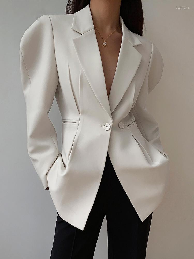 

Women' Suits Blazer Women 2023 Autumn And Fashion Puff Sleeve Solid Slim Korean Harajuku Notched Lady Shoulder Padded Suit, Cream