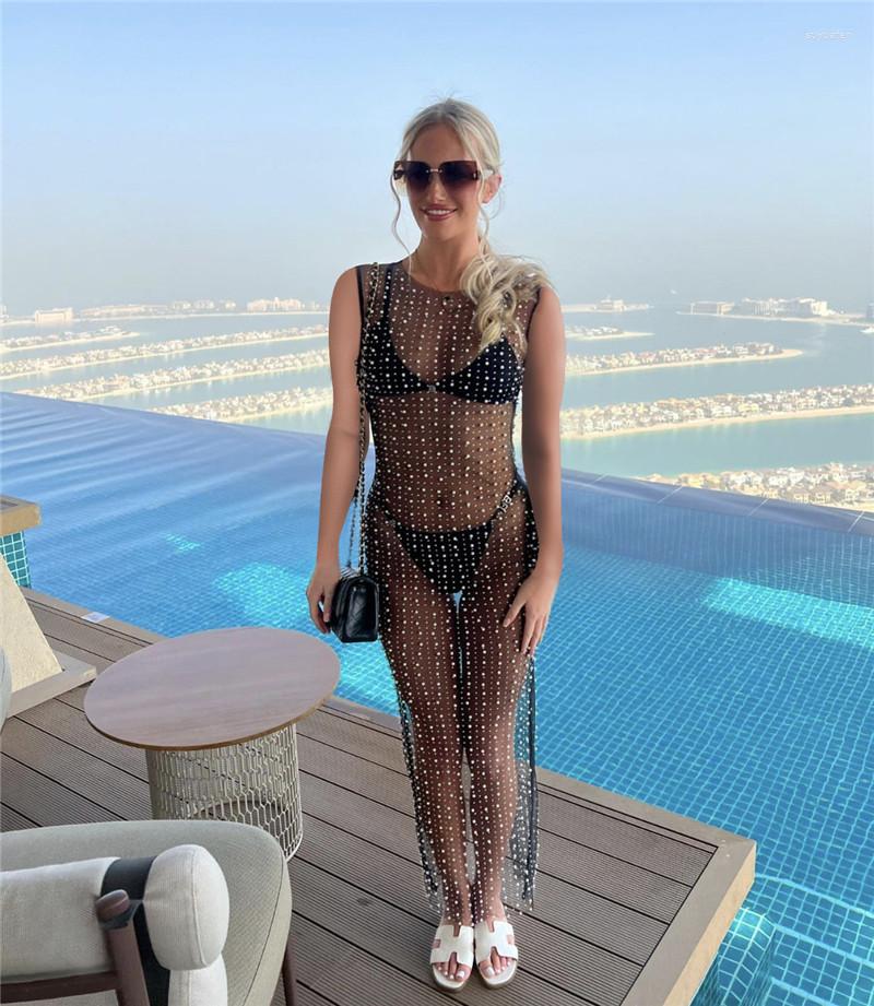 

Women's Swimwear Sexy Diamond Beading Women Dress Sleeveless O Neck See Through Summer Mesh Cover Ups Fashion Holiday Beach Wear Outfits, Black