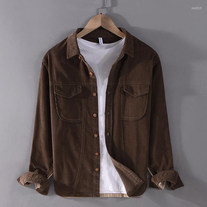 

Men's Casual Shirts Men's Corduroy Shirt Long Sleeve Retro Two Tone Colorblock Front Double Pockets Cotton Color Matching Loose Tops For, Brown