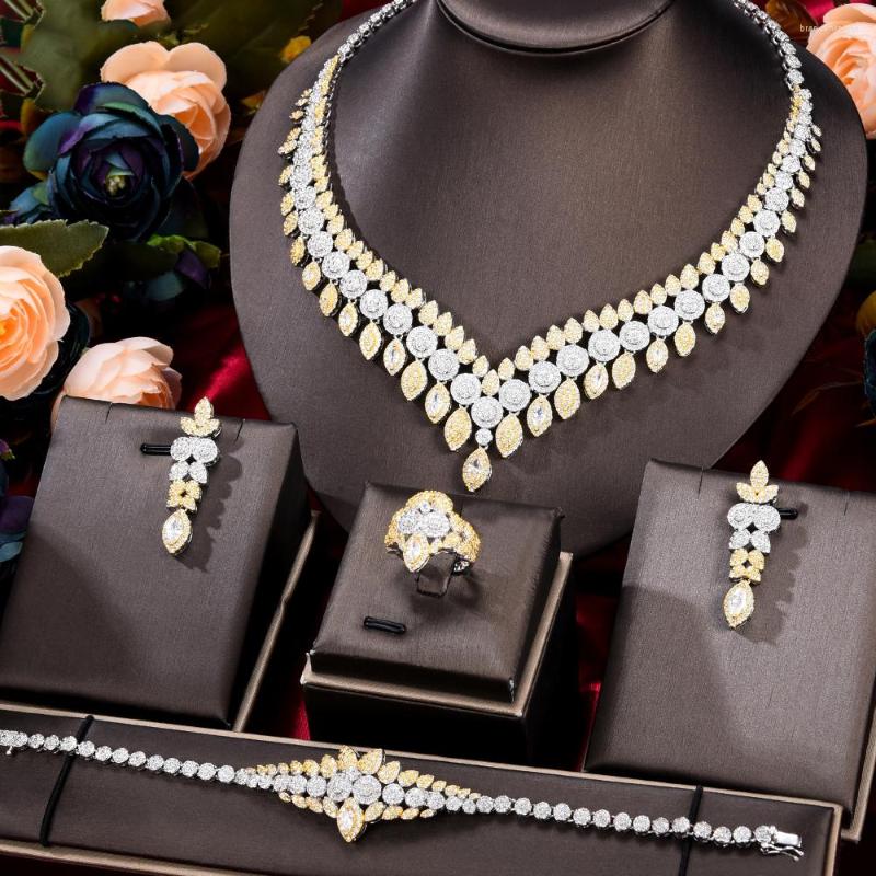 

Necklace Earrings Set Soramoore 4PCS CZ Luxury African Jewelry For Women Wedding Party Zircon Crystal Dubai Bridal Gift, Picture shown