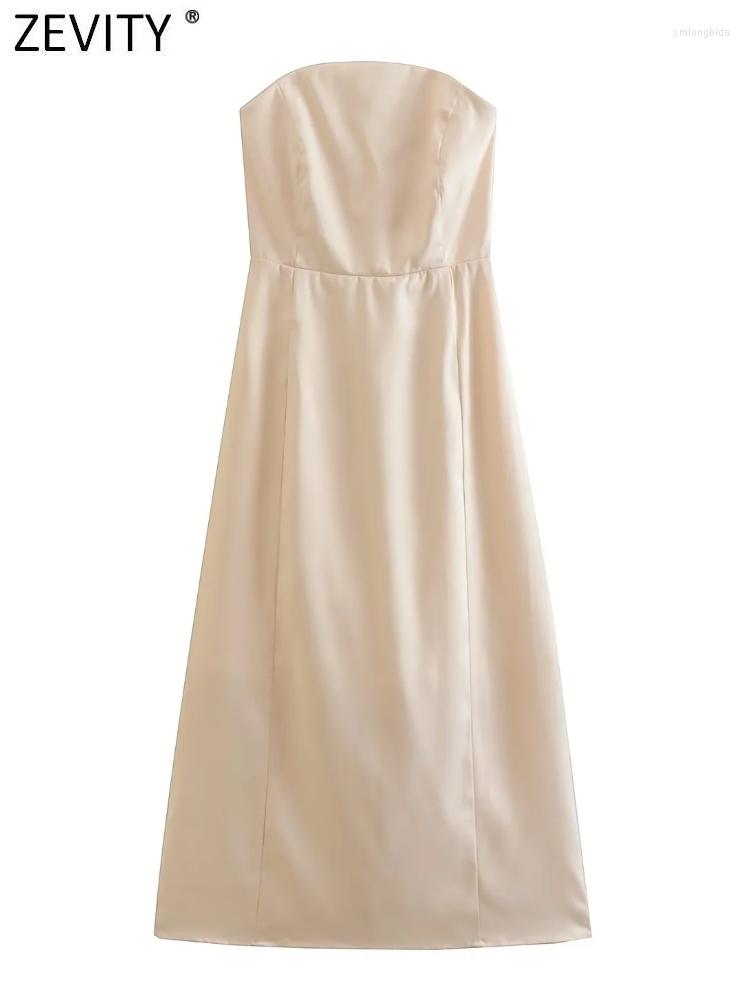

Casual Dresses Zevity Women Sexy Strapless Solid Color Soft Satin Slim Midi Dress Femme Chic Backless Bandage Zipper With Lining Vestido, As pic ds2150ld