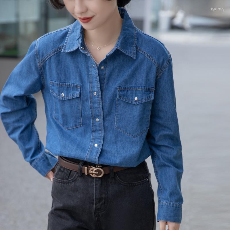 

Women' Blouses 2023 Spring Korean Vintage Long-sleeved Fashion Blue Women Denim Shirt Tops Z046