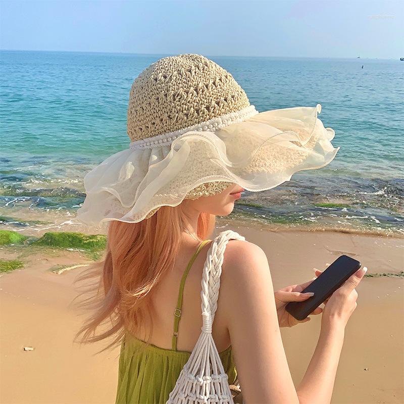 

Wide Brim Hats Japanese Women Girls Straw Hat Sun Beach Summer UV Protect Travel Cap Fashion Romantic Lace Pearl Lady Caps, Khaki
