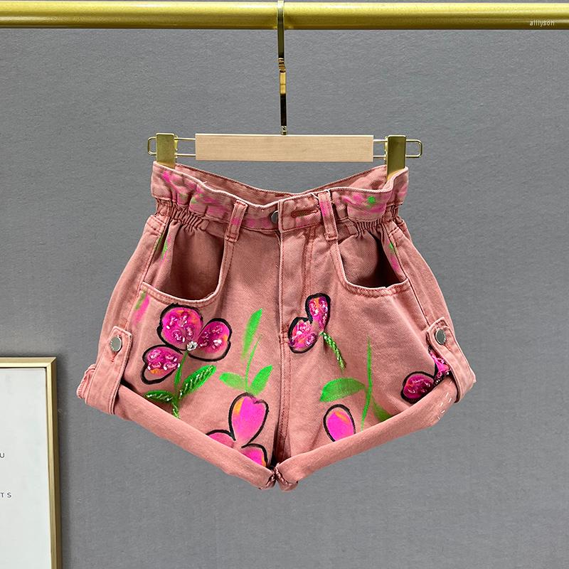 

Women' Jeans Wide-Leg Denim Shorts Women' Clothes 2023 Summer High Waist Loose Printed Sequined Pants Sexy Female Short, Pink