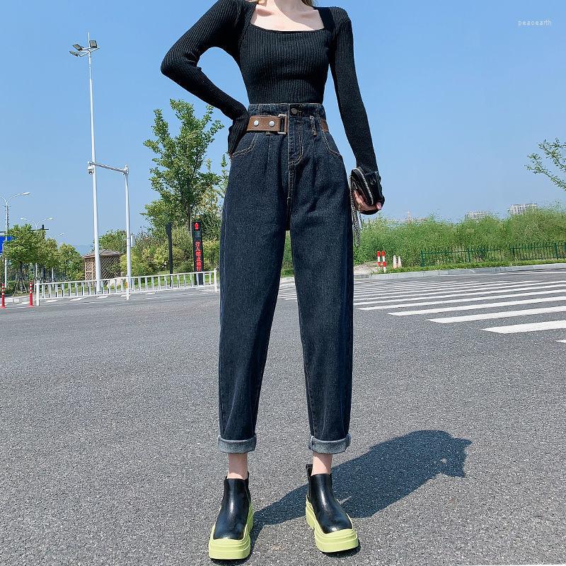 

Women' Jeans Korean Fashion Blue Slouchy Baggy Women High Waisted Belt Trousers Woman Boyfriends Girls Loose Haren Denim Pants, Black