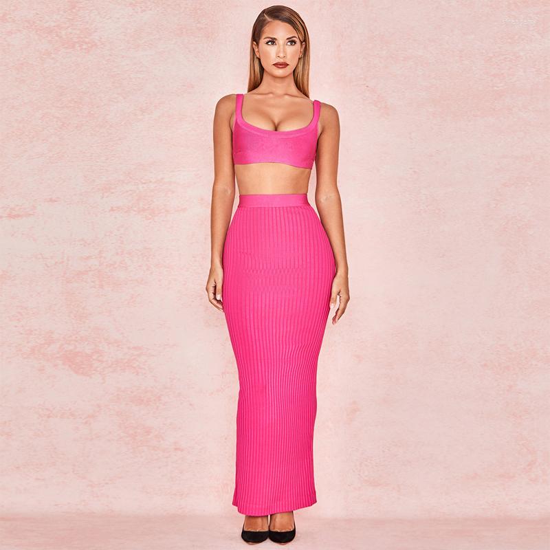 

Casual Dresses Arrival Fahion Rose Red Bandage Dress Elegant Maxi Spaghetti Strap Two 2 Pieces Set Women Celebrity Party Wholesale, Picture shown