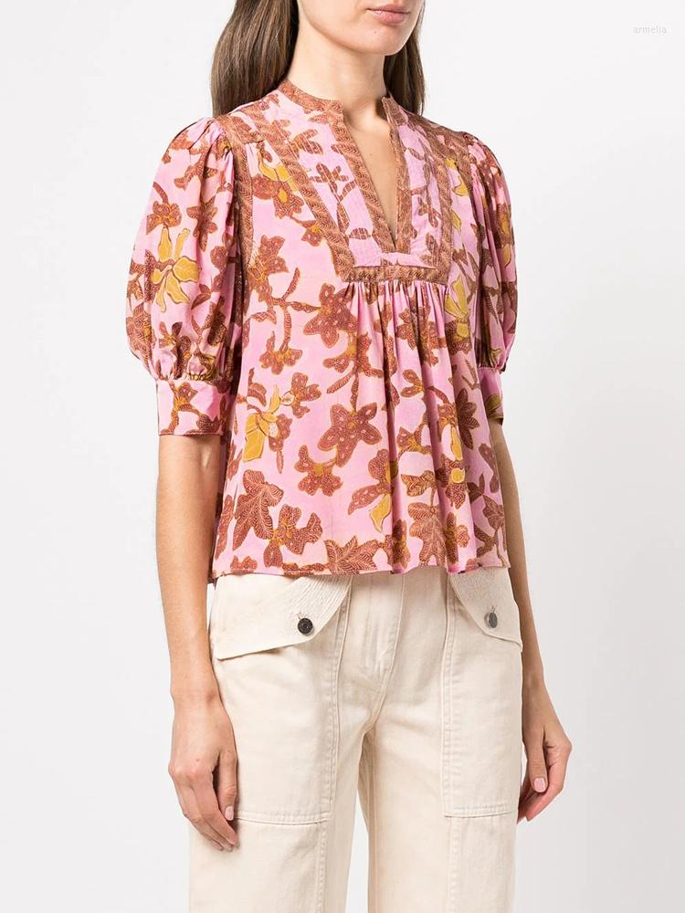 

Women's Blouses 2023 Puffed Sleeves Pure Silk Printed Shirt Women Top Quality, Pink