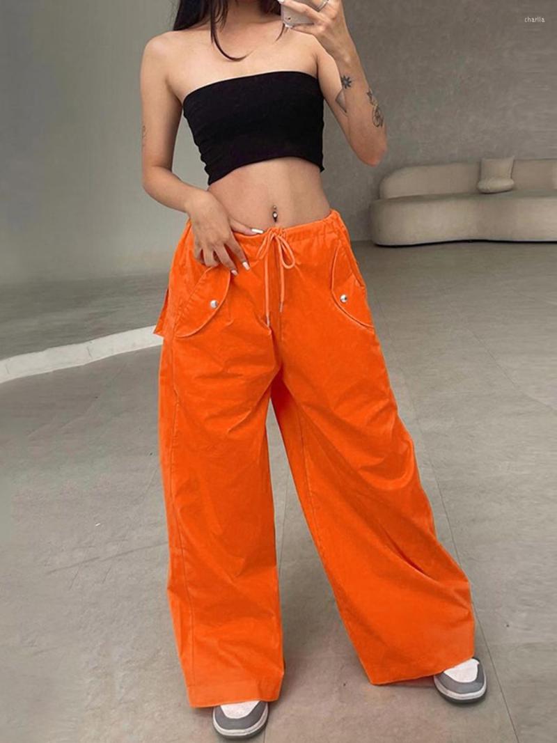 

Women' Pants Women' Spring Autumn Casual Loose Cargo Solid Color High Waist Drawstring Straight Leg Streetwear, Black