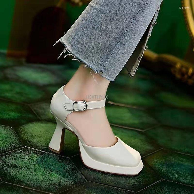 

Dress Shoes Women's 2023 Summer Leather Thick High Heels Platform Black Beige Sweet Party Wedding Mary Janes Pumps