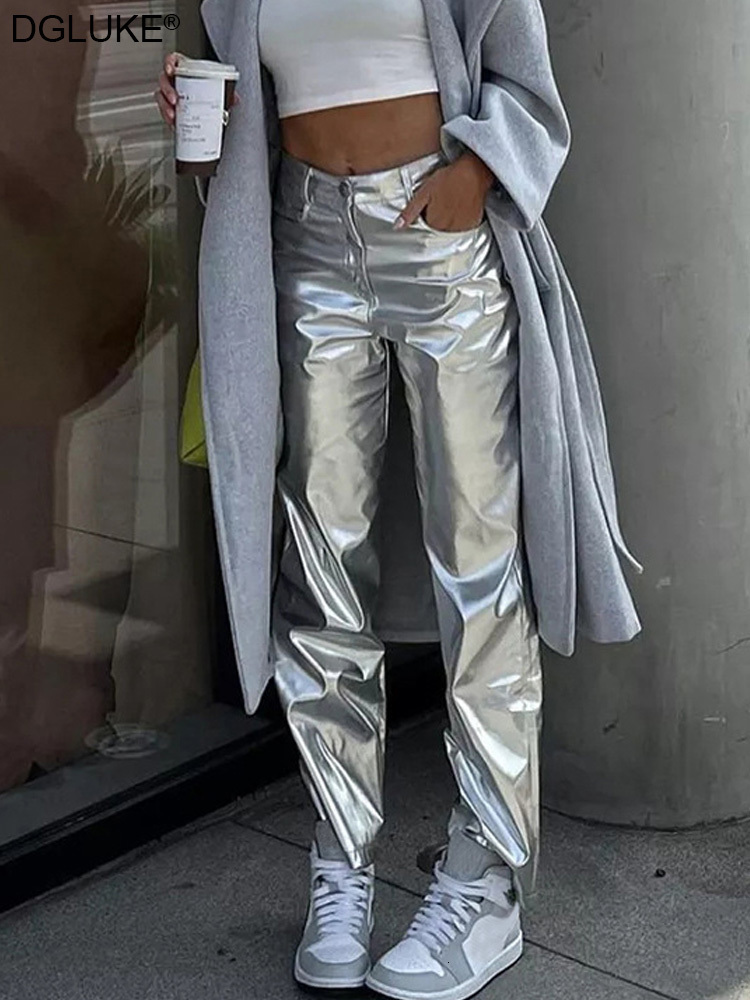 

Women's Pants s Silver Metalic Faux Leather Pant 2023 High Waist Long Winter Hip Hop Streetwear Y2K Night Club Wear 230419