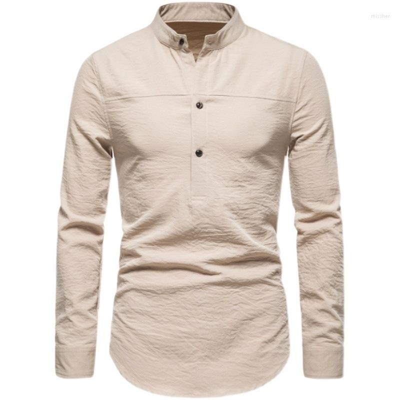 

Men' Casual Shirts #4651 Black White Blue Khaki Cotton Linen Shirt Men Stand Collar Buttons Vintage Long Sleeve Slim Fit Thin Spring Autum