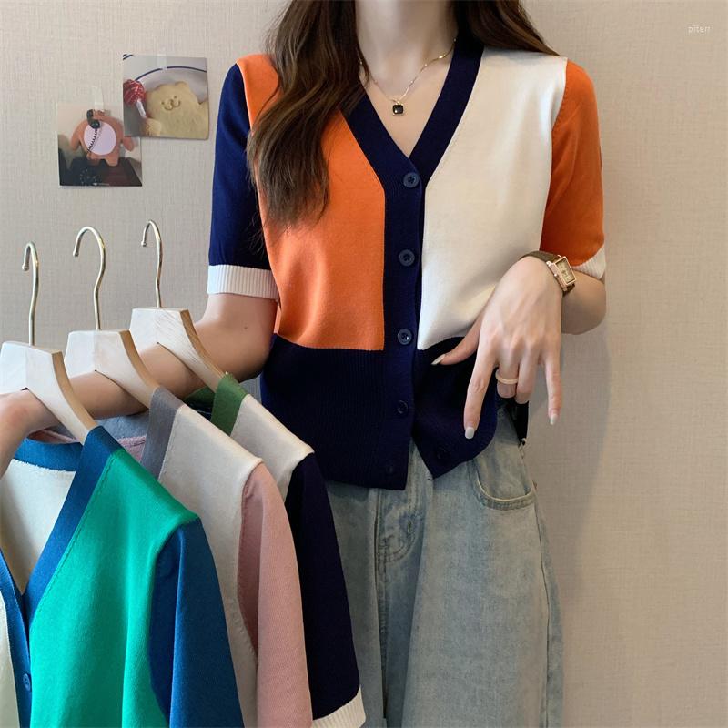 

Women's Knits JMPRS Patchwork Color Knitted Cardigan Tops Women Korean Fahsion Short Sleeve Cropped Female Summer Casual V Neck, Color-1