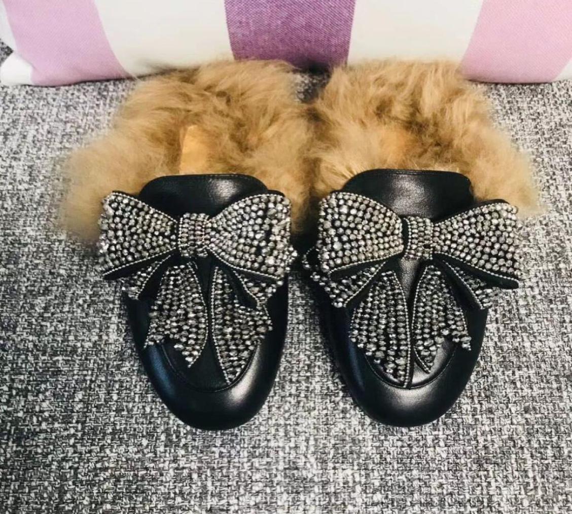 

2022 bursts Sandals slipper wool diamond drill water stained cowhide Super large butterfly stitched stitch Black Size 35418876337