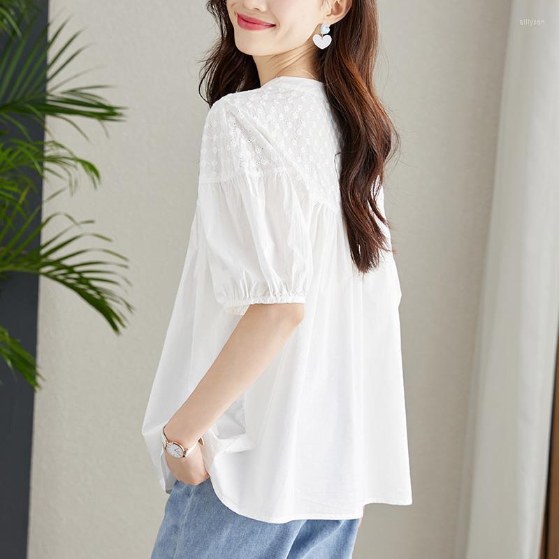 

Women's Blouses 2023Summer Women Casual O Neck Short Sleeve Loose Embroidery Chic Button Shirt Fashion Simple Oversized White Blouse Tops