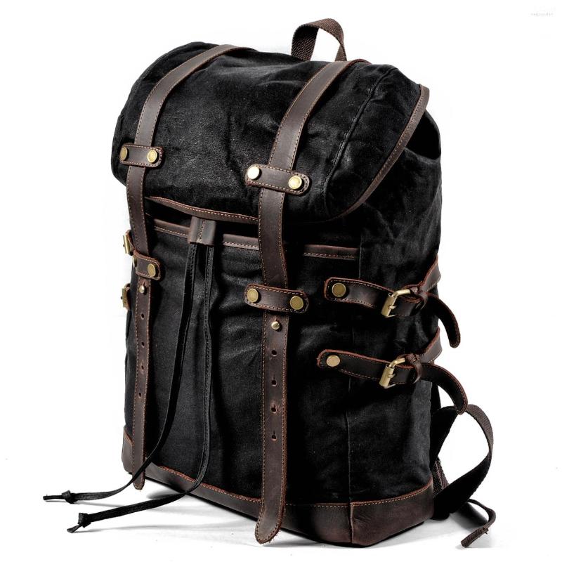 

Backpack MUCHUAN 15.6" Laptop Retro Large Capacity Oil Wax Waterproof Teen Canvas Leather Drawstring, Black