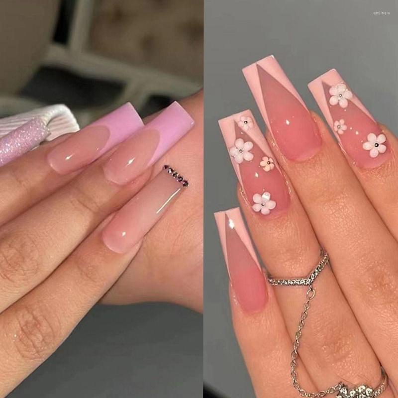 

False Nails 24pcs Detachable Full Cover DIY French Crystal Spring Flower Fake Ballerina Long, Z573