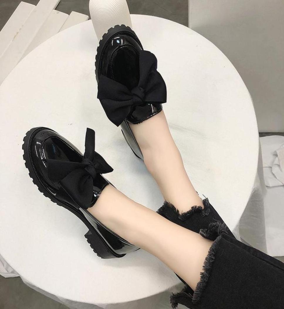 

Dress Shoes 2021 Women Small Leather Women039s Retro British Style Bow College Soft Black ChunkyHeel Woman Low Heel Daily7513513