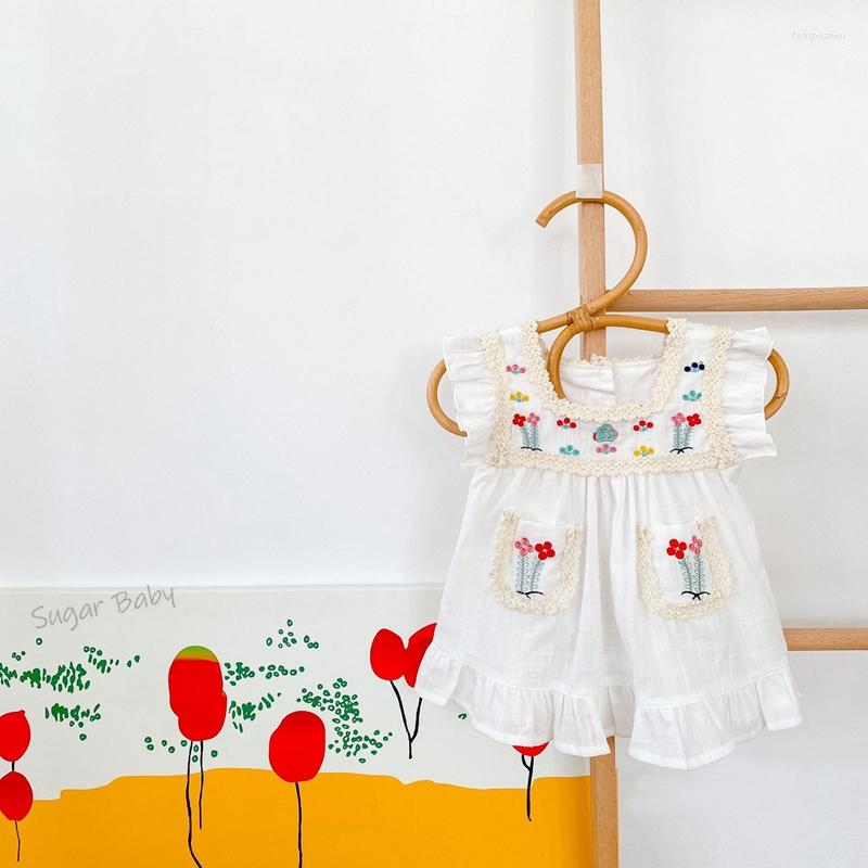 

Girl Dresses Sugar Baby Girls Flower Embroidered Ruffle Sleeves Babygirl Square Collar White Dress A-line Pocket 0-36M