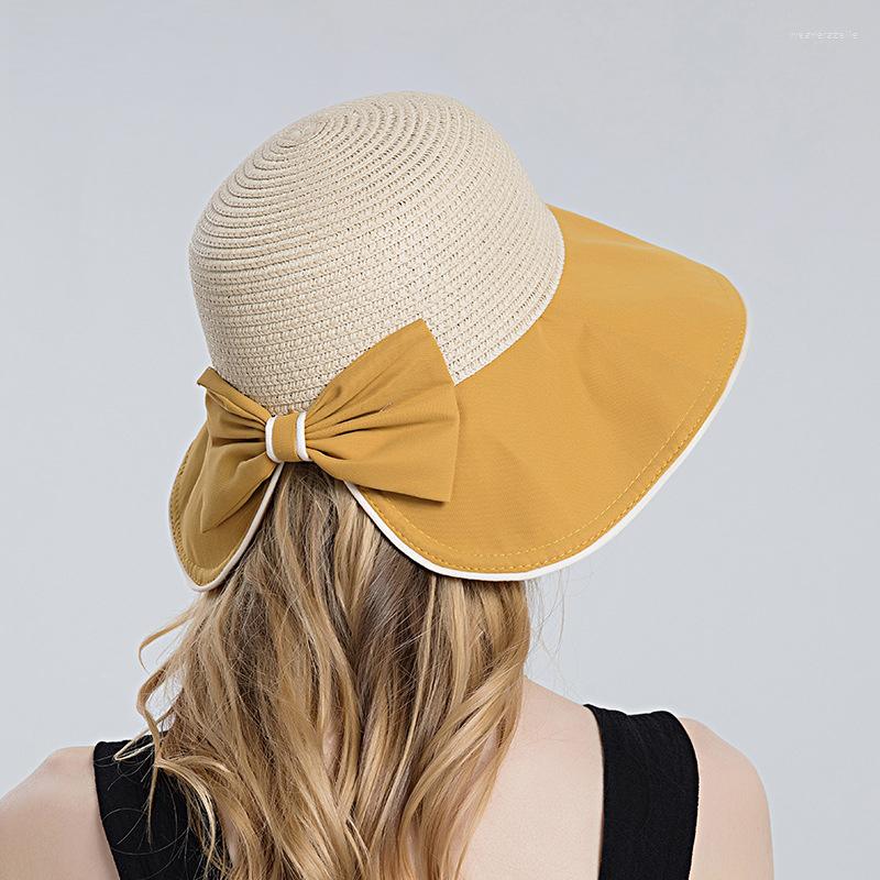 

Wide Brim Hats Women's Bucket Hat Summer Bow Big Straw Beach UV Sun Protection Ladies Visor Basin Cap Fashion Panama Caps, Black