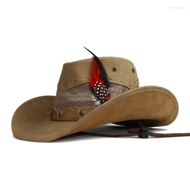 

Berets Retro Women Men Pheasant Feather Hair PU Leather Roll Up Wide Brim Sombrero Sun Cap Beach Cowboy Cowgirl Western Hat Adjustable, No.5khaki black brim