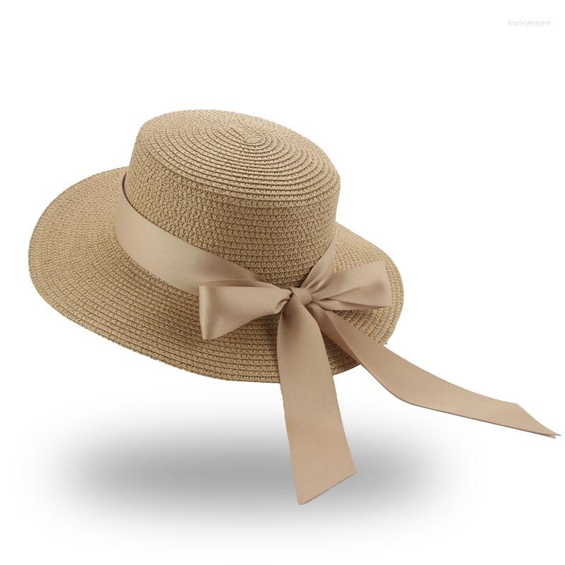 

Wide Brim Hats Bucket Sun Hat Bow Beach Summer Straw For Women Flat Top Ribbon Bowknot Luxury Ladies Sombreros De Mujer, Khaki