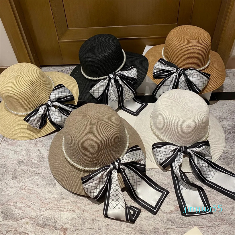 

Summer Vacation Designer bucket hat Fashion Straw Woven Pearl Necklace Letter Printed Ribbon Wide Brim Hats, Blue