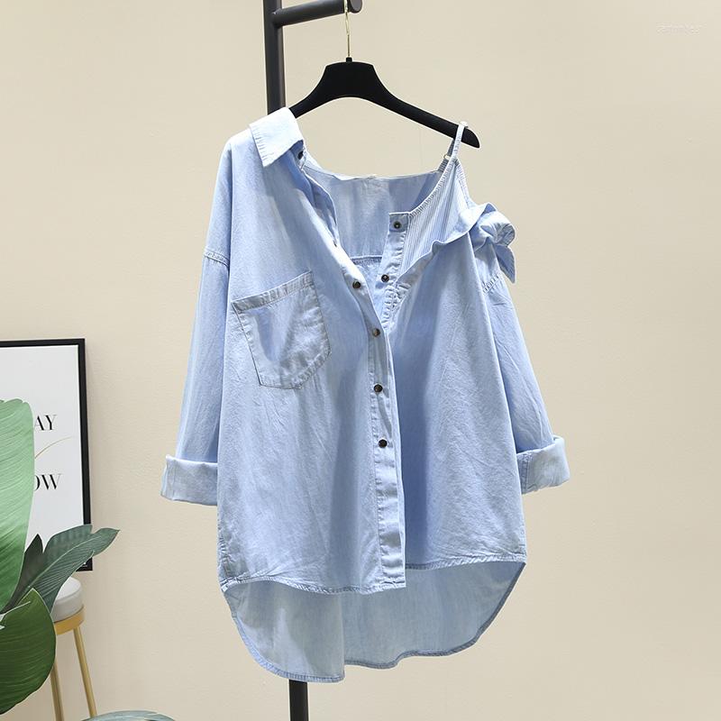 

Women's Blouses Asymmtrical Denim Women Shirts Summer Design 2023 Off-Shoulder Pocket Long-Sleeved Casual Female Outwear Coats Tops, Light blue