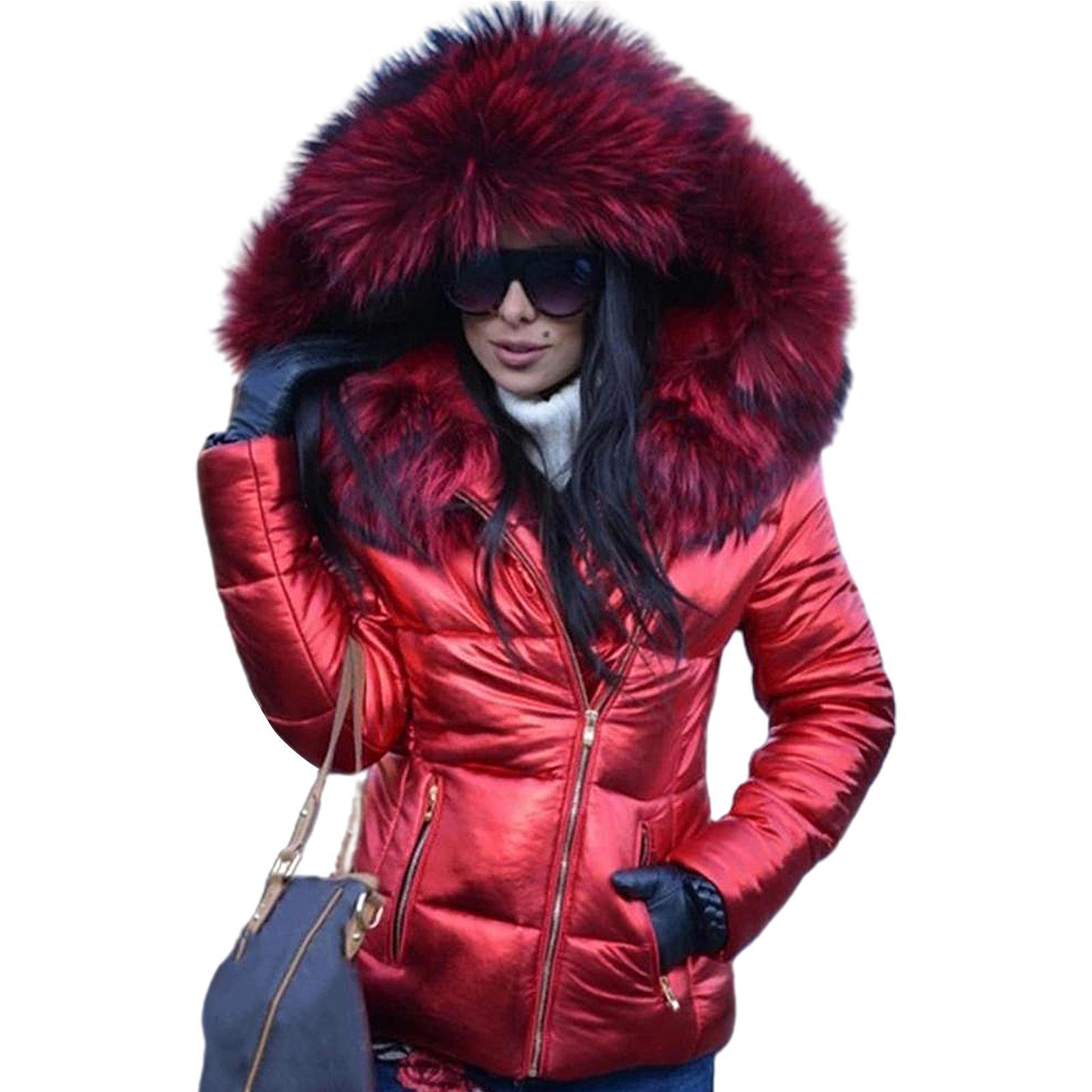 

Parkas Women Autumn Winter Faux Fur Hood Zipper Warm Down Coat Outdoor Parka Outerwear Short Jacket, Red