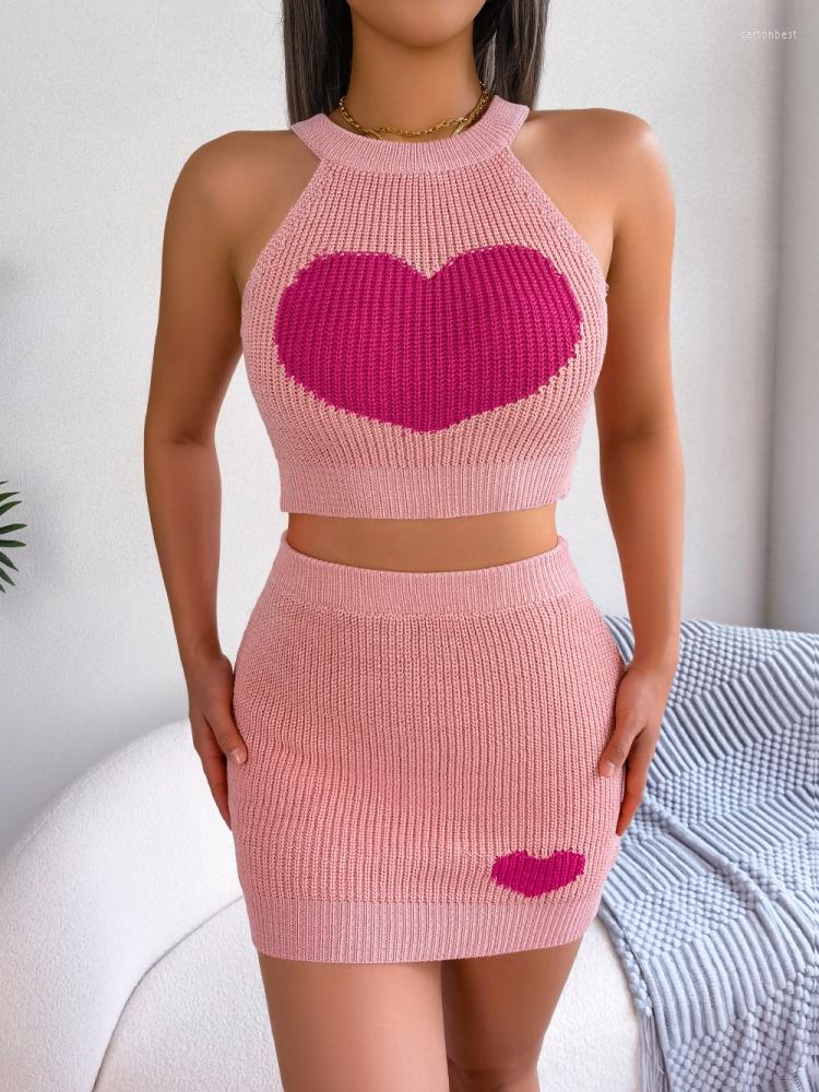 

Work Dresses Summer Fashion Two Piece Set For Woman Sweet Cute Love Shape Print Sleeveless Crop Top And Skirt Sets Y2k Sexy Streetwear, Blue