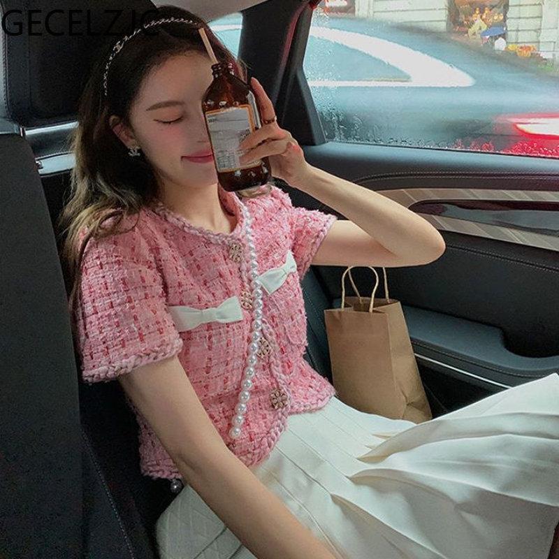 

Women' Jackets GECELZJC Jacket Women Office Lady Single Breasted Slim Fit O-Neck Short Sleeve Tops Femme Summer French Style Coat Female, Blue