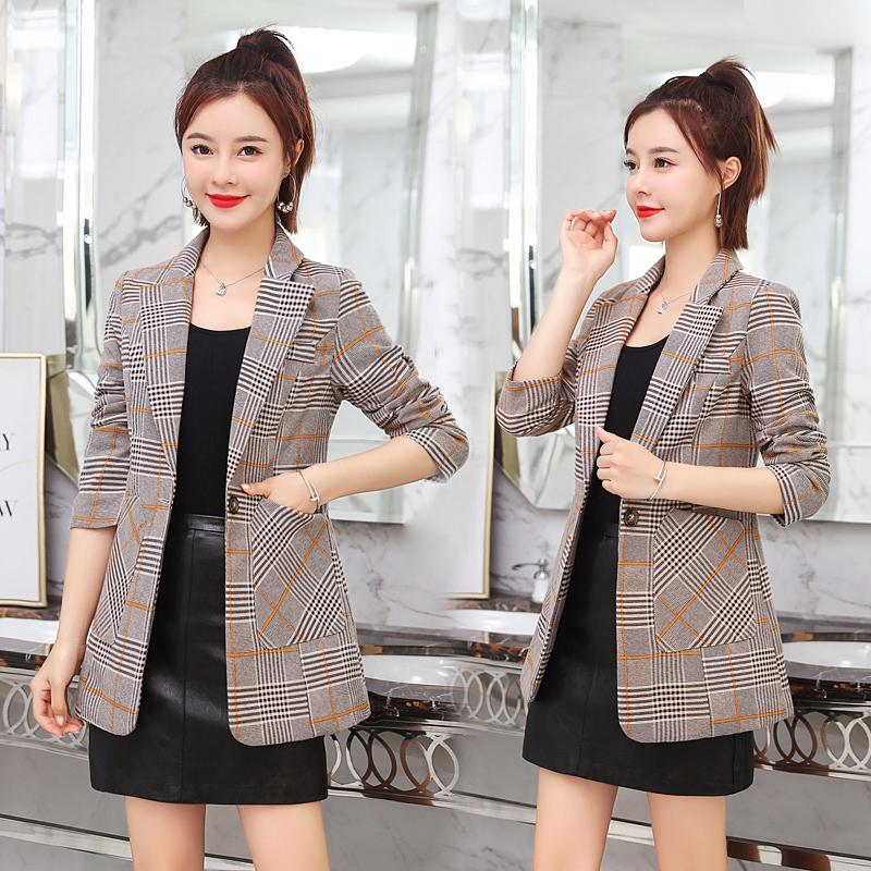 

Pants High quality Fashion Women' Plaid Blazers Slim Office Long Sleeve Elegant Coat Casual Lady Single Button Pocket Jackets Blazers, Brown plaid