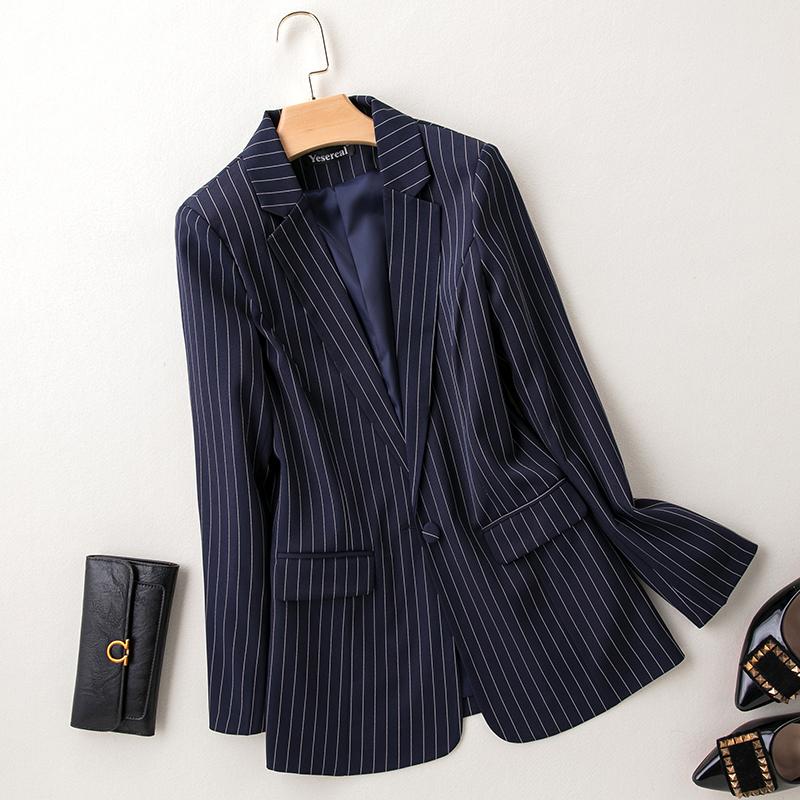 

Pants 2022 New 7XL Womens Coat Business Suits Spring Autumn Stripe Women Blazers Jackets Slim longsleeve Blazer Women Suit, Navy