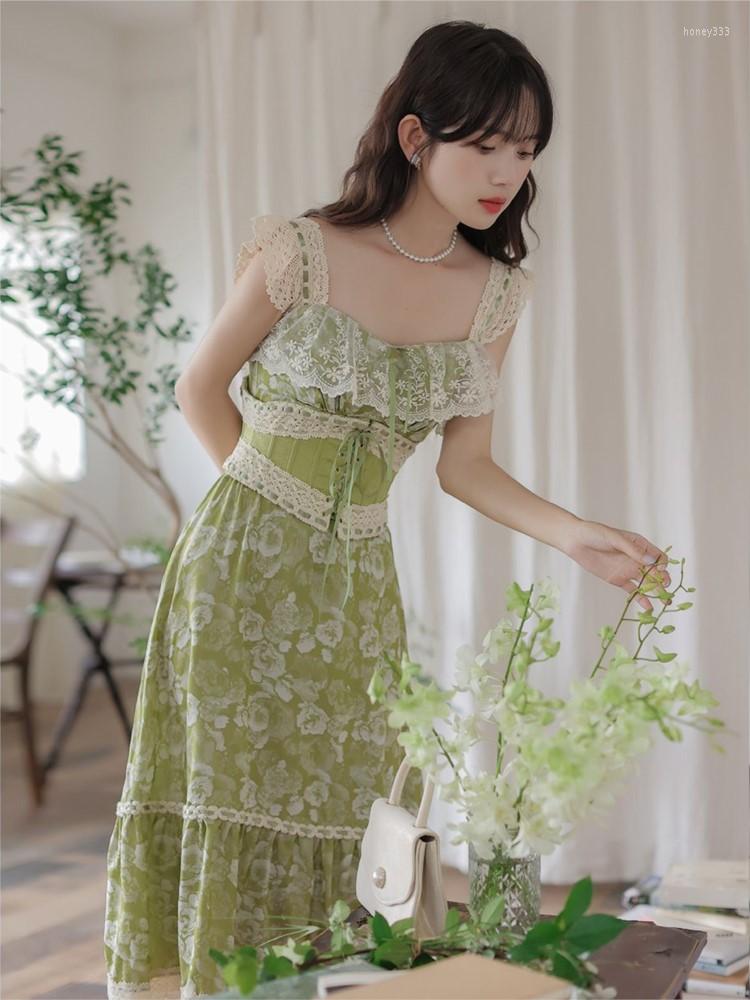 

Casual Dresses Green Elegant Party Midi Women Lace France Vintage Strap Fairy Dress Flower Retro Korean Style Summer 2023, Green dress
