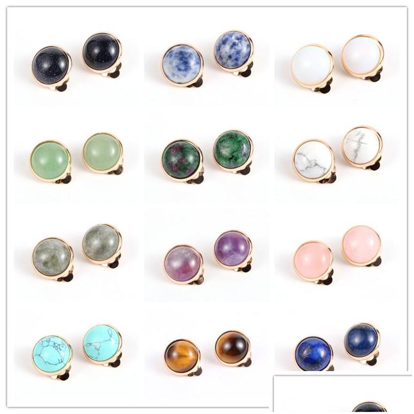 

Ear Cuff Women 12Mm Rose Quartz Stone Cabochons Gold Crystal Earring Clips Tiger Eye Turquoises Amethysts Copper Earclip Decoration Dhbak