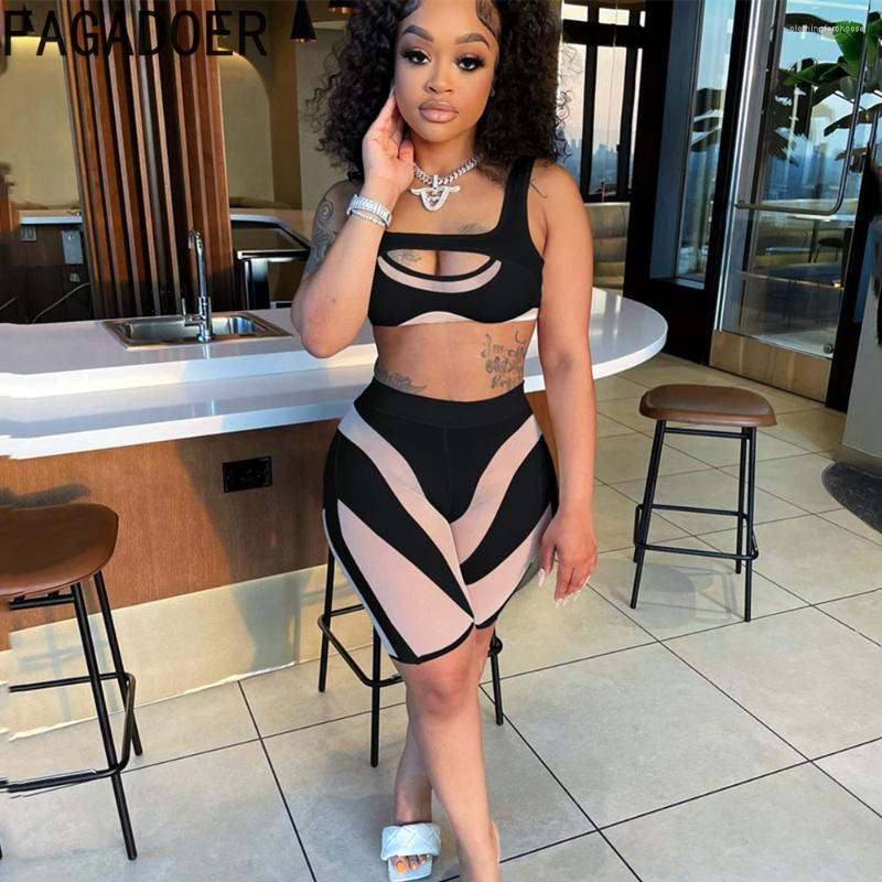 

Women' Tracksuits FAGADOER Shorts Sets Sleeveless Hollow Out Top Mesh Patchwork Sexy Slim Summer 2 Piece Women Outfit Street Clubwear, Black