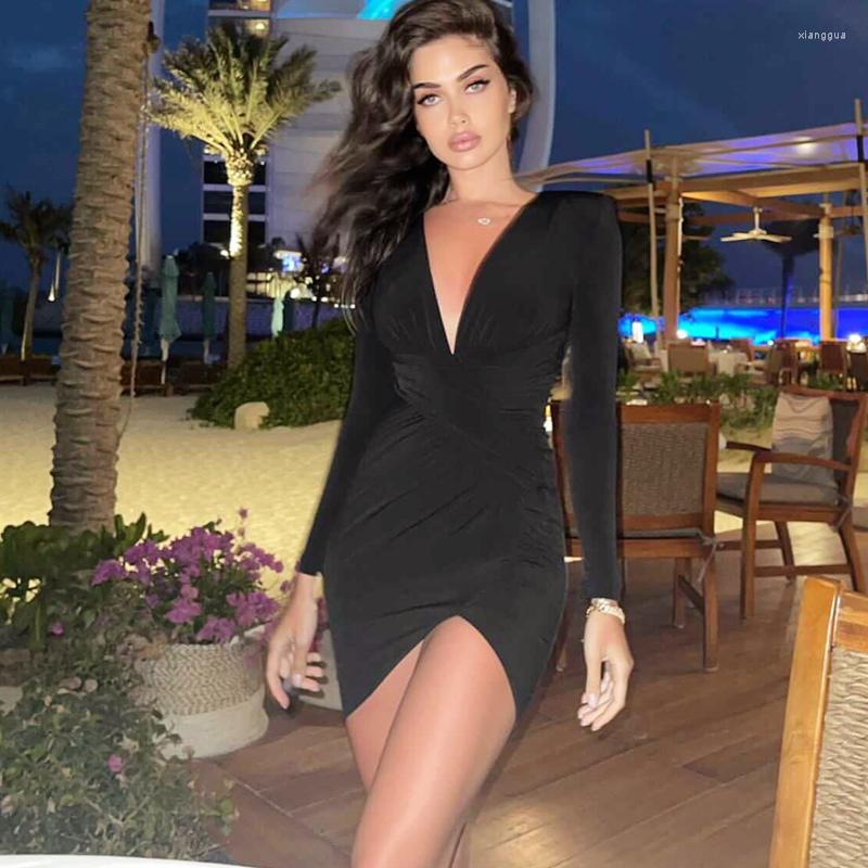 

Casual Dresses 2023 Long Sleeve V-neck Women's Pleated Dress Sexy Slim Elastic Knitted Lady Mini, Black