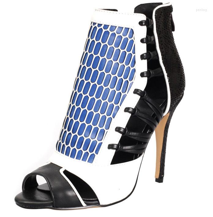 

Dress Shoes Classic Mix Color Peep Toe Sandals Mesh Roman Matching Stiletto High Heeled Women's Open-toe Sandal Hollow, As photo