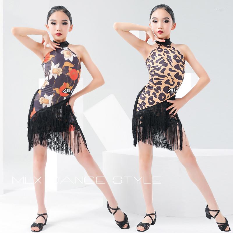 

Stage Wear Girls Printing Latin Dance Performance Dress ChaCha Competition Fringed Summer Rumba Tango Practice Dancewear YS3677, Style a