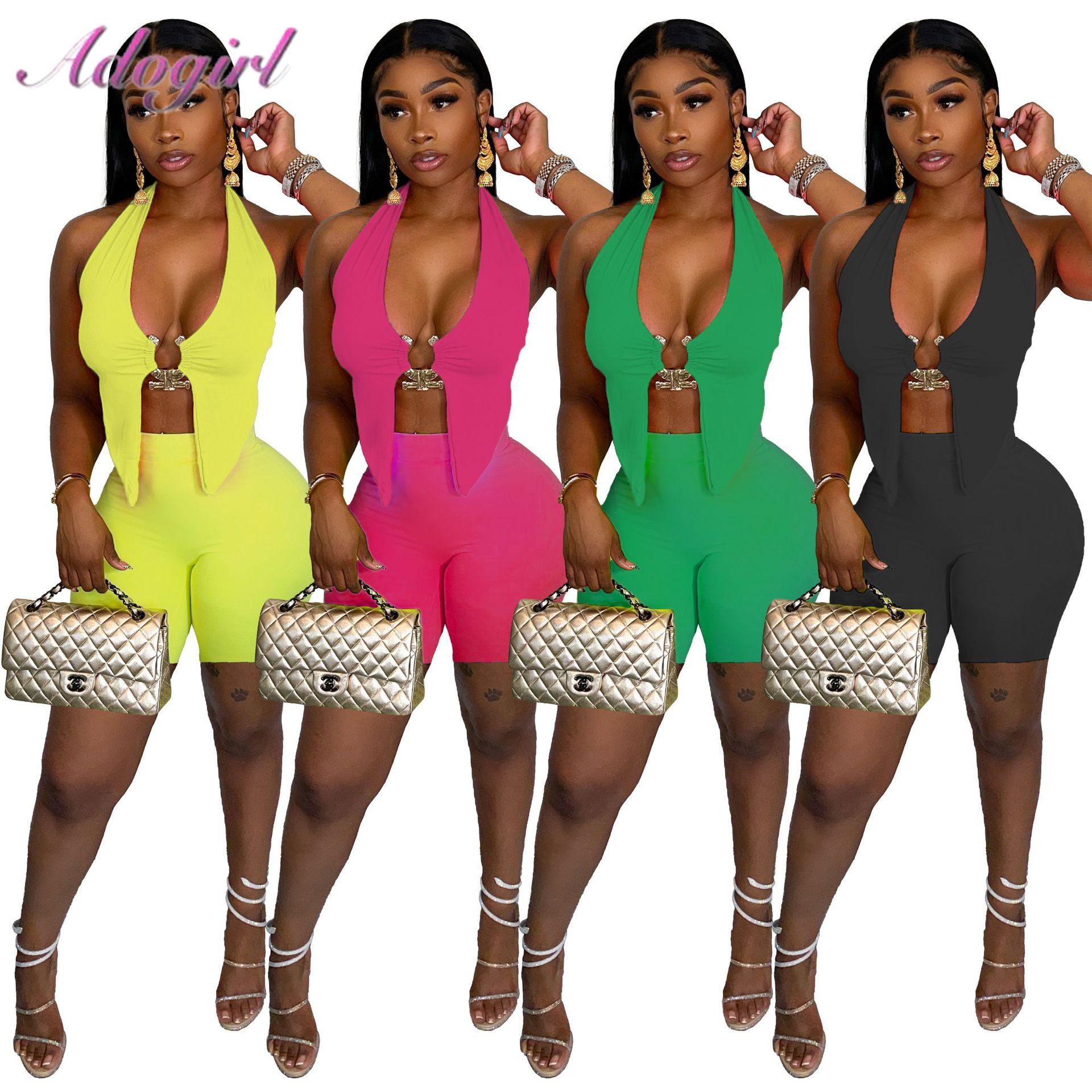 

Dress Fitness Active Two Piece Set Summer Outfit Tracksuit Women Solid Sleeveless Ring Vest Crop Top Biker Shorts Street Matching Sets, Green