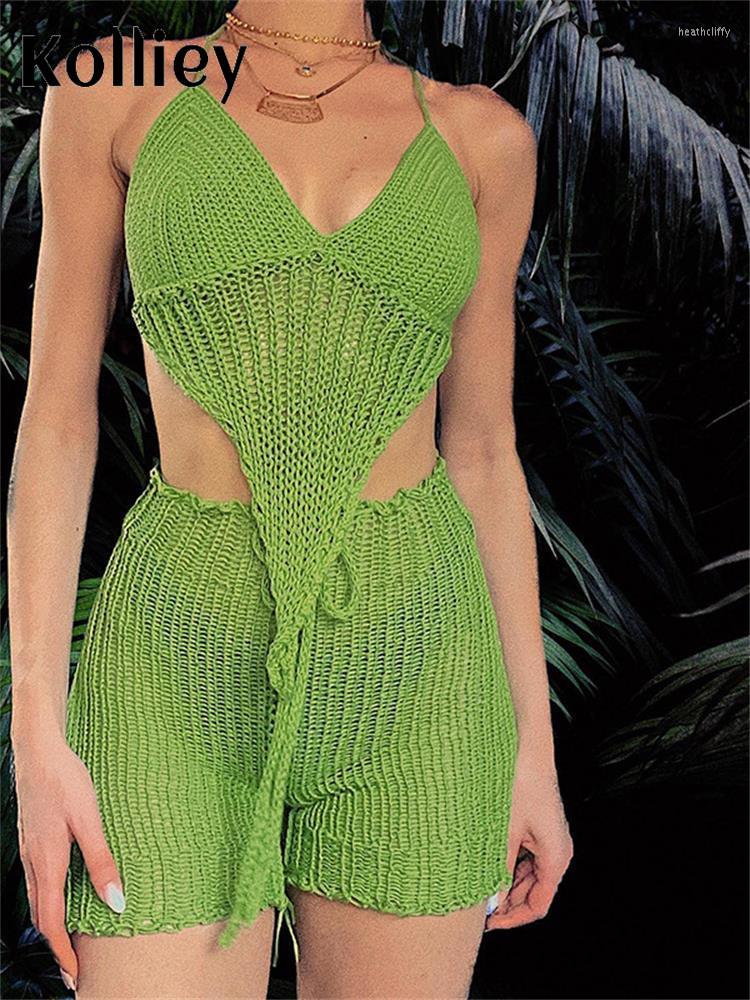 

Women' Tracksuits Kolliey Summer Knitted Solid Backless Two Pieces Sets For Women 2023 Streetwear Sleeveless Crop Tops And Booty Shorts, Green