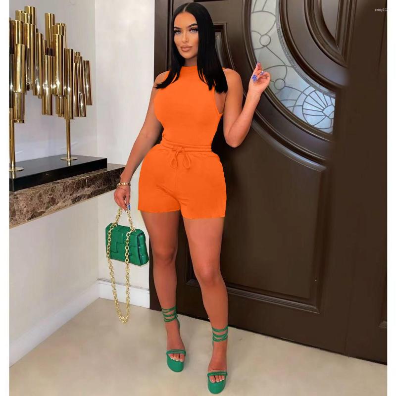 

Women's Tracksuits Perl Sleeveless Jumpsuit And Shorts Suit Stretch Two Piece Sets Women Outfits Drawstring Short Pants Matching Set, Orange