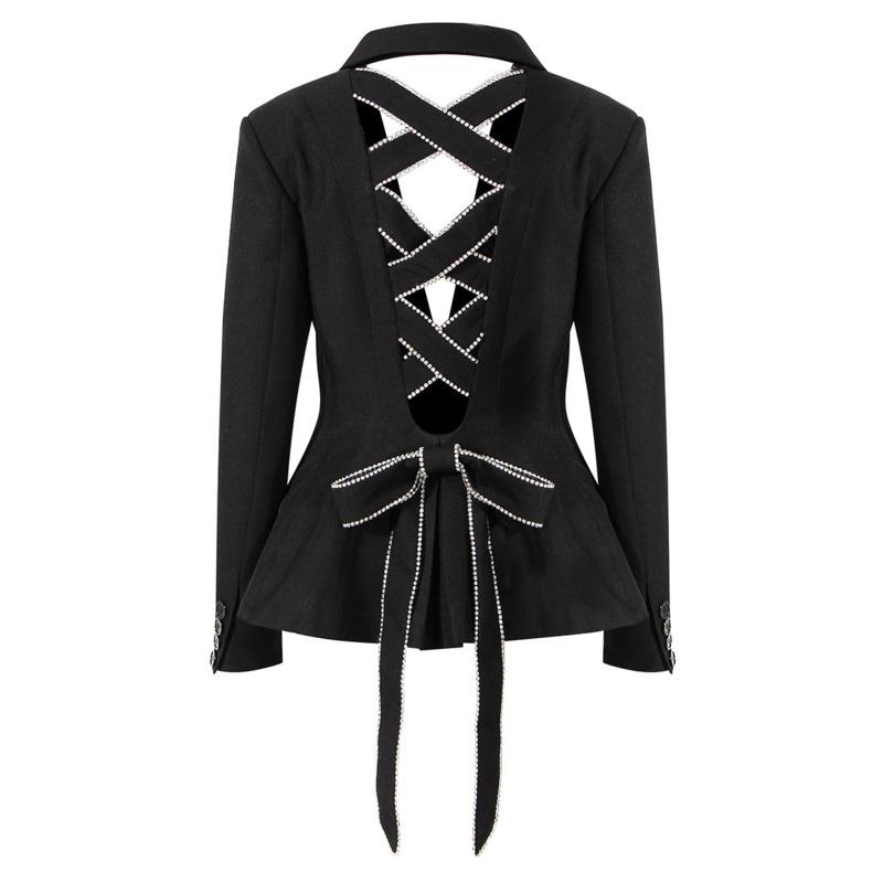 

Pants PREPOMP Autumn Women Coat Fashion Turndown Collar Black Hollow Out Bow Bandage Rhinestone Slim Blazer Women Jacker GF990