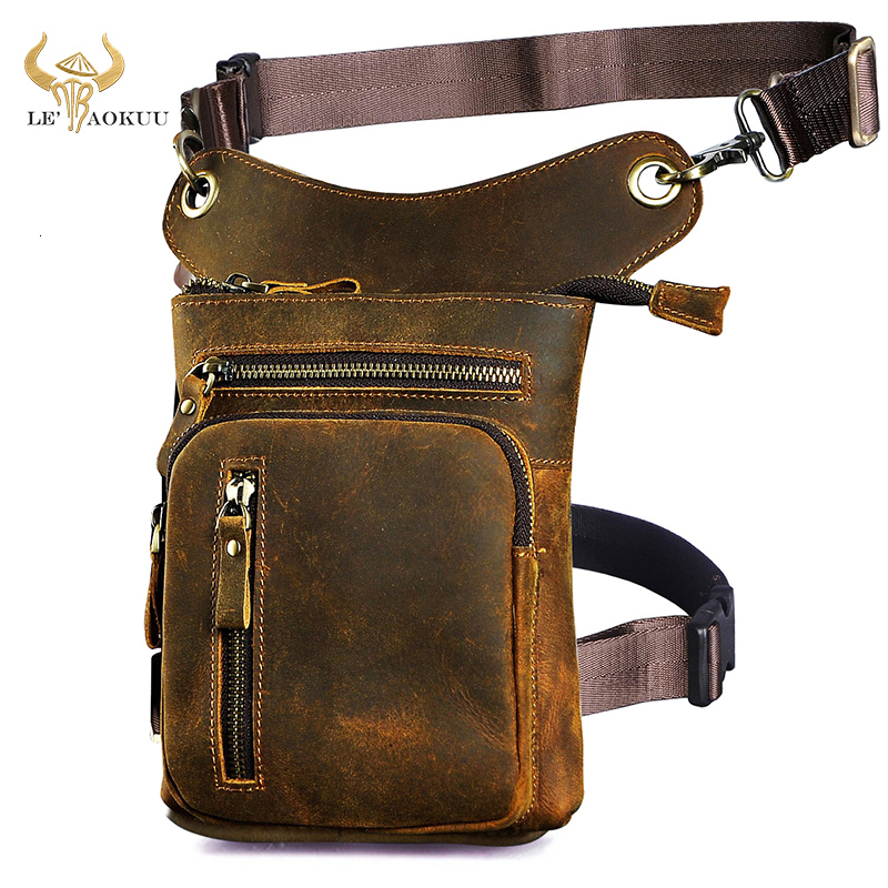 

Waist Bags Crazy Horse Leather Men Design Classic Sling Pouch Bag Multi-function Fashion Travel Fanny Waist Belt Pack Leg Drop Bag 211-11 230420, Brown 3