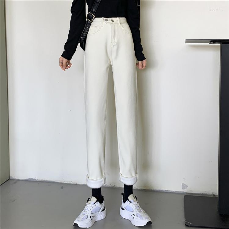 

Women's Jeans N2802 Plush Thick Double-button Semi-elastic Waist Straight-leg Loose Old Denim Trousers, Black