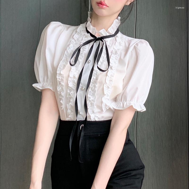 

Women' Blouses Summer Ruffles OL Tops Fashion Standing Collar Lace Up White Blouse Puff Short Sleeve Women Shirt
