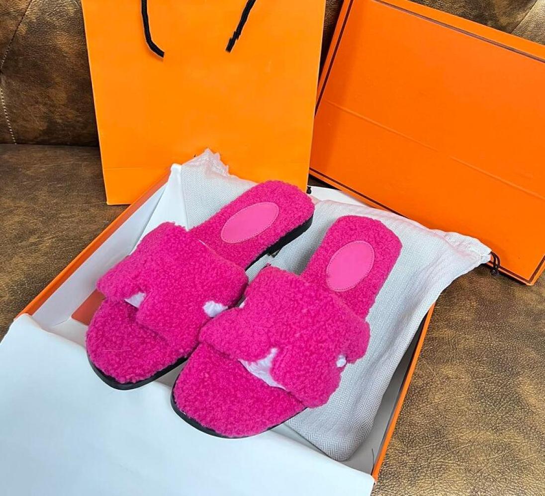 

Slippers Luxury Lamb Wool Slippers Letter H Designer Shoes Plush Autumn Winter Flat Bottom Sandal Solid Color Fur Fluffy Slippers 4097807, Orange